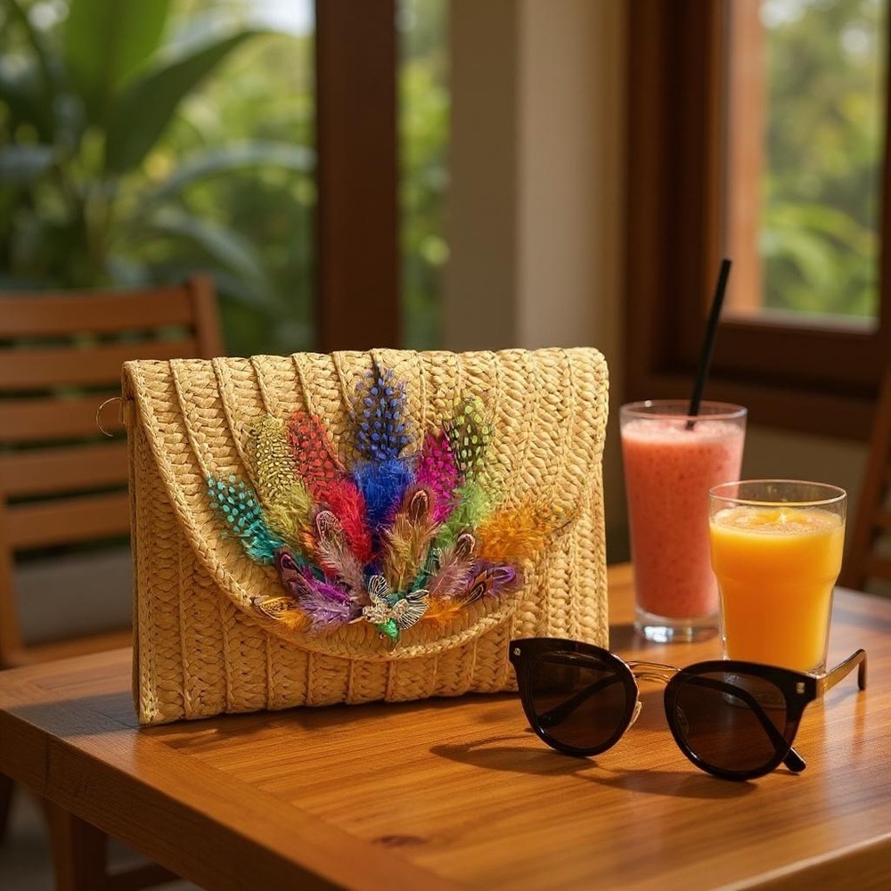 FEATHERED WHIMSY HAND DESIGNED LAYERED STRAW ENVELOPE CLUTCH/ CROSSBODY PURSE - Picture 2 of 4